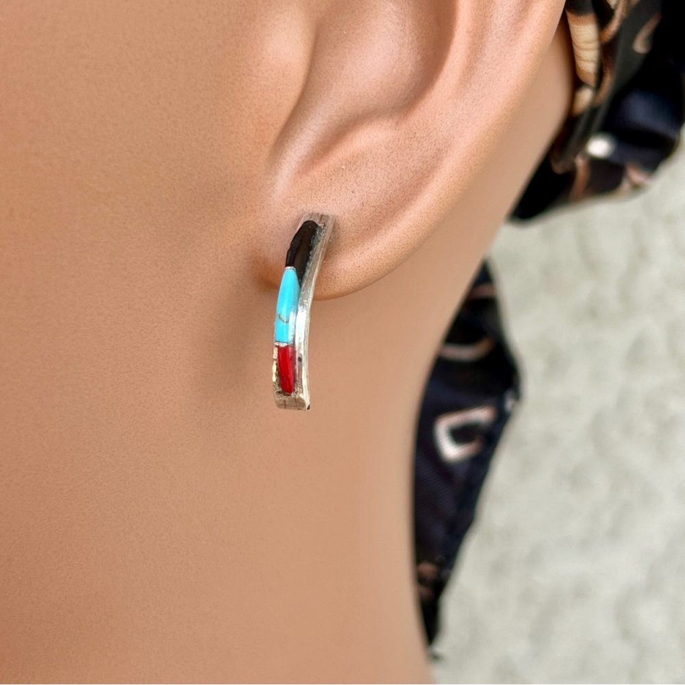 Zuni Sterling Silver and Multi Stone Half Hoop Earrings